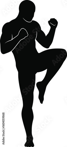Black Silhouette of a Muay Thai Fighter Performing a Knee Strike on a White Background