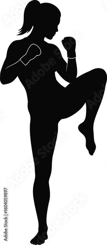 Silhouette of a Female Muay Thai Fighter Performing a Knee Strike on White