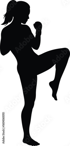 Silhouette of a female martial artist performing a knee strike in a fighting stance