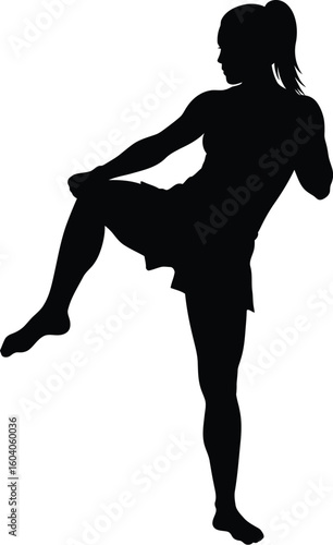 Silhouette of a Female Muay Thai Fighter Practicing a Knee Strike on White Background