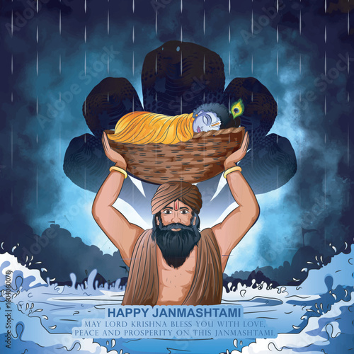 creative Illustration of Janmashtami Hand Lettering with lord krishna flute on creative Background.
