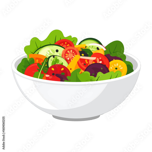 Fresh and colorful mixed vegetable salad in a white bowl, a healthy meal illustration with lettuce, tomatoes, and cucumbers.