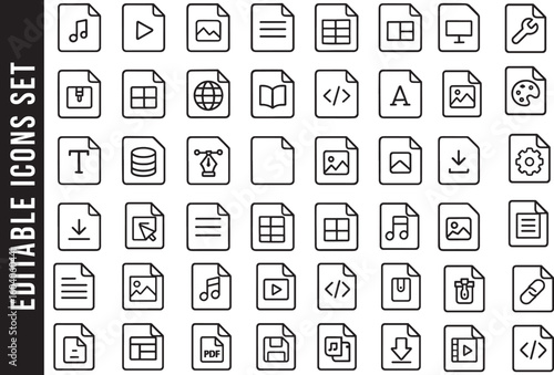 An Editable Set of Black and White Line Art Icons for Various File Types and Documents