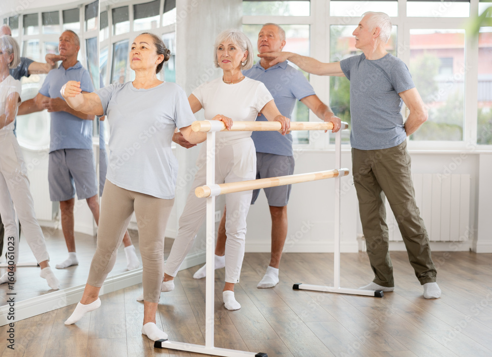Naklejka premium Male choreographer teaches elderly ballet lovers to keep their heads straight during a ballet lesson