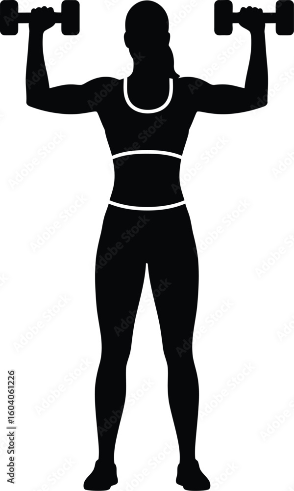 Fototapeta premium Silhouette of a woman lifting dumbbells in a gym for fitness and strength training
