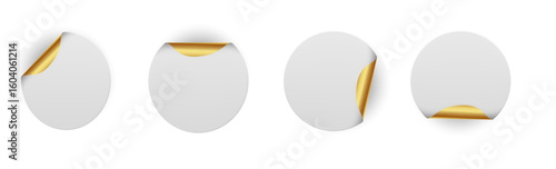 White paper circles with gold corner peels revealing shiny metallic backing - blank round stickers with curled edges. Premium label set for branding, pricing or promotional marketing design elements.