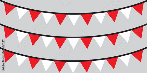 Bunting flags, carnival party flags, white and red festive pennants hanging on a rope. Festival vector decoration. EPS 10.