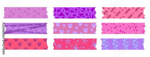 Pink and purple scrapbook tape set with cute patterns - geometric shapes, hearts with love text, circles and dots, paw prints and stars, bears. Cute washi strips for journaling, planner decoration