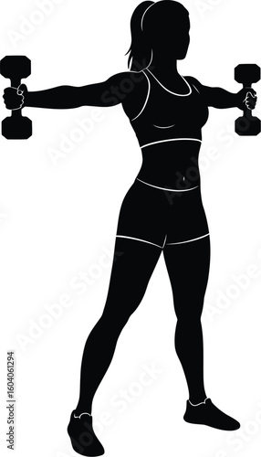 Silhouette of a woman doing lateral dumbbell raises for shoulder workout on white background