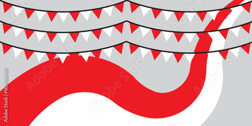 Bunting flags, carnival party flags, white and red festive pennants hanging on a rope. Festival vector decoration. EPS 10.