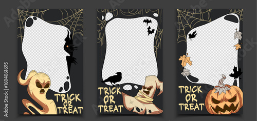 Halloween social media frame templates - spooky photo borders with trick or treat text, ghost and witch hat, bats and crow, pumpkin and spider webs. Dark gothic October party post or story design .