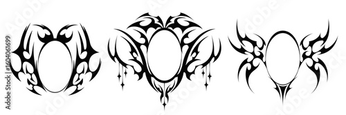 Gothic oval frame ornaments with tribal wings - black decorative borders for tattoo design, mystical silhouettes with sharp edges and stars, dark fantasy vector elements for Halloween artwork.
