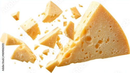 Flying pieces of parmesan cheese are set against a clean white background