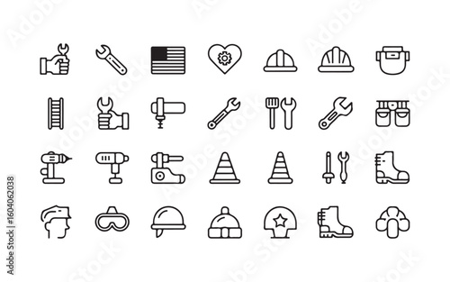 Minimalist Labor Day Line Icon Set – Hands, Tools, American Flag, Heart Gear, Work Symbols