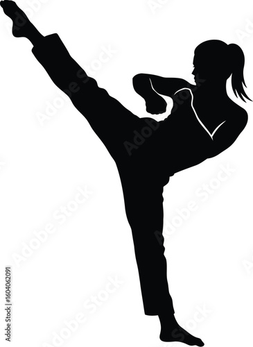 Silhouette of a woman performing a high kick martial arts or self defense