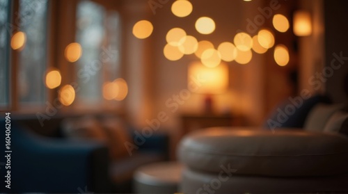 Cozy, blurred living room interior featuring warm string lights creating a soft, inviting ambiance.