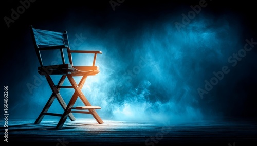 An empty chair intended for a director stands isolated on a dark blue background with swirling smoke