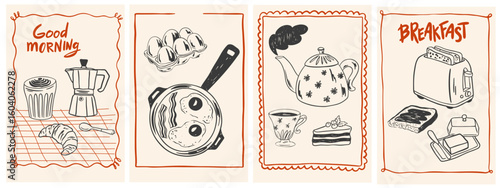 Hand drawn chalk breakfast posters. Vector illustration of food and coffee icons in crayon drawing style for invitations, menus, parties. La dolce vita minimalist line art for poster, placard, print