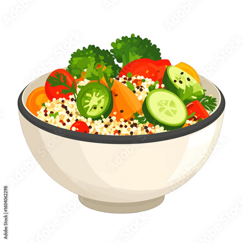 Nutritious quinoa salad in a ceramic bowl with fresh broccoli, tomato, cucumber, and carrot.