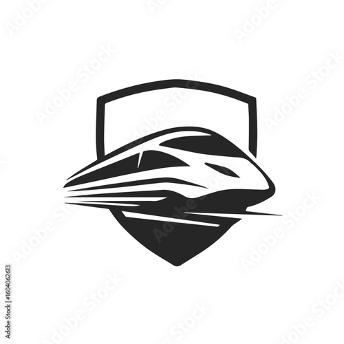 High-speed train inside shield emblem vector logo, isolated on white background, generative ai