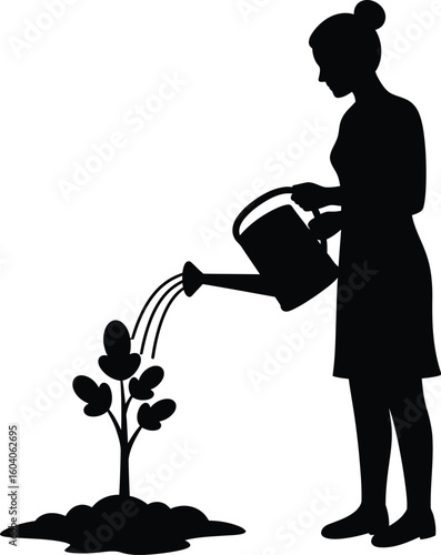 Silhouette of a woman watering a newly planted tree with a watering can