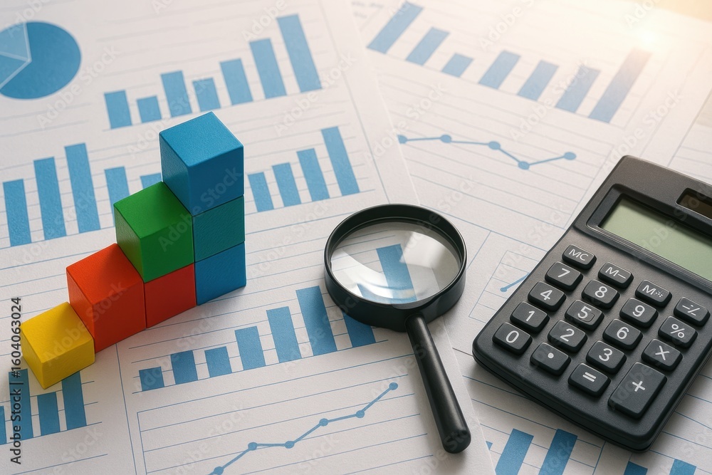 Fototapeta premium Colorful building blocks demonstrate growth trends in financial graphs, accompanied by a calculator and magnifying glass for detailed analysis and assessment
