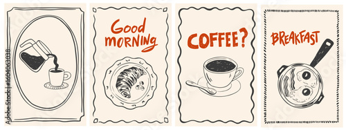 Hand drawn chalk breakfast posters. Vector illustration of food and coffee icons in crayon drawing style for invitations, menus, parties. La dolce vita minimalist line art for poster, placard, print