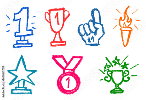 Medal Winning Number One Related Icons Crayon Chalk Drawing Doodle Vector Set