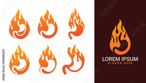 Gastritis Pain Icon Set – Abstract Burning Stomach and Acid Reflux Fire Symbol Vector

