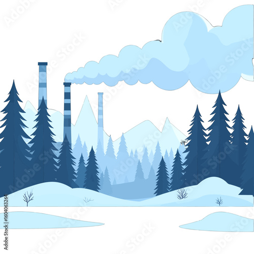 Winter Landscape With Snowy Mountains And Factory Smoke