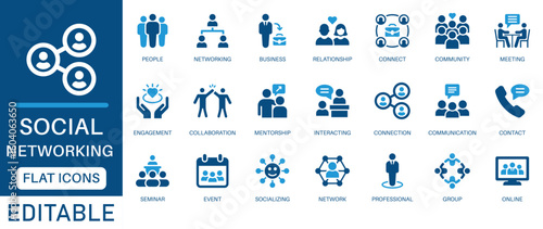 Social networking icon set. featuring people, connection, communication, business, online meetings, events, and community. Ideal for digital marketing, social media, and professional networking.