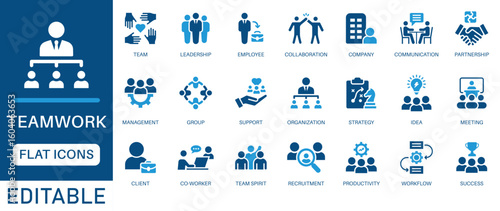Teamwork icon set. featuring collaboration, leadership, strategy, communication, productivity, and organization. Perfect for HR, business, management, and corporate presentation designs.