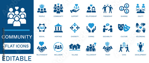 Community icon set. featuring support, diversity, friendship, equity, inclusion, trust, culture, and social connection. Perfect for social projects, NGOs, education, and civic engagement designs.