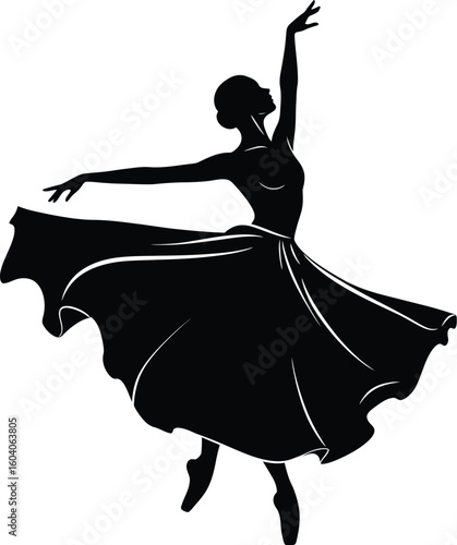Elegant Ballerina Silhouette in Flowing Dress Performing a Graceful Leap