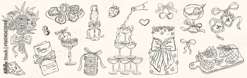 Hand drawn chalk wedding dinner illustrations. Coquette aesthetics elements Wine, champagne, cheese, charcuterie drawings for wedding invitations, menus, parties. La dolce vita italian sketch style.