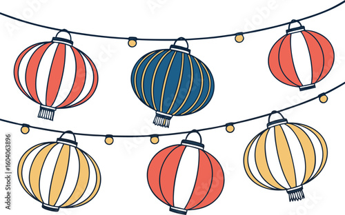 Red yellow and blue Japanese paper lanterns strung on wire