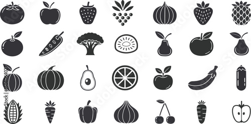 Iconic Fruit Collection: A meticulously curated collection of monochrome fruit icons, a visual symphony of nature's bounty. Each silhouette captures the essence of freshness and vibrancy