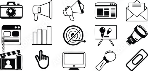 Essential Icons: Streamlined monochrome icons for photography, communication, and digital media, optimized for a wide range of digital platforms and printing materials.
