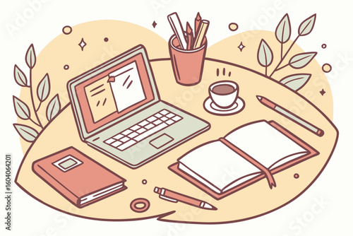 Illustration of a desk with a laptop, open book, coffee, pencils, and plants in a cozy workspace setup