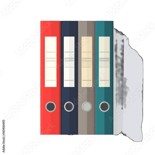 Colorful office binders in a row, with one file dissolving, symbolizing data loss or destruction.