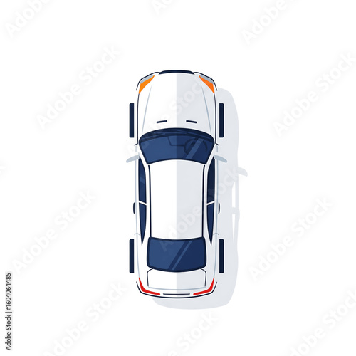 Top-Down View of a Modern White Car with Blue and Orange Accents