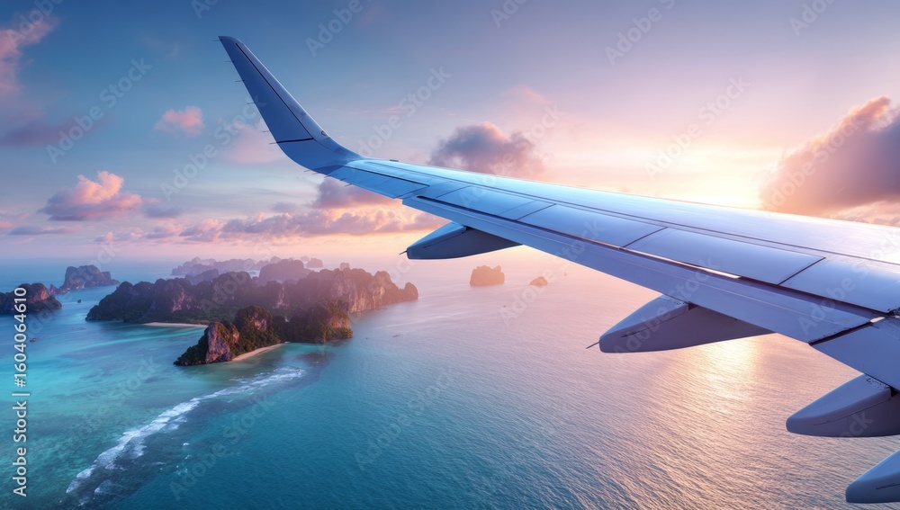 Obraz premium At sunset in the summer, the airplane window offers a breathtaking view of a jet flying plane over tropical ocean islands
