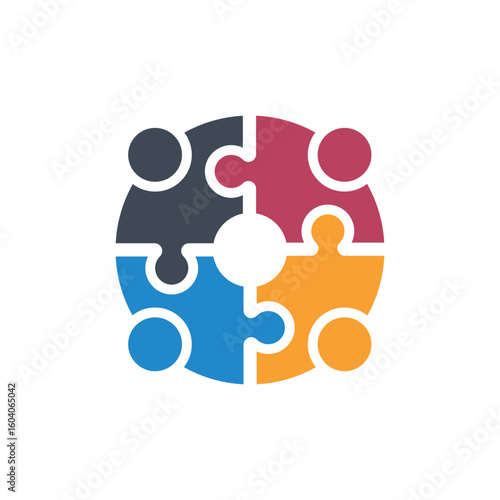 Teamwork and People Puzzle Logo - Four Connected Pieces Vector Illustration