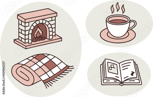 Illustration of a cozy scene with a fireplace, blanket, book, and a steaming cup of coffee on a saucer