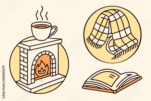 Illustration of cozy indoor elements including a fireplace with tea, blanket, and open book in a circle design