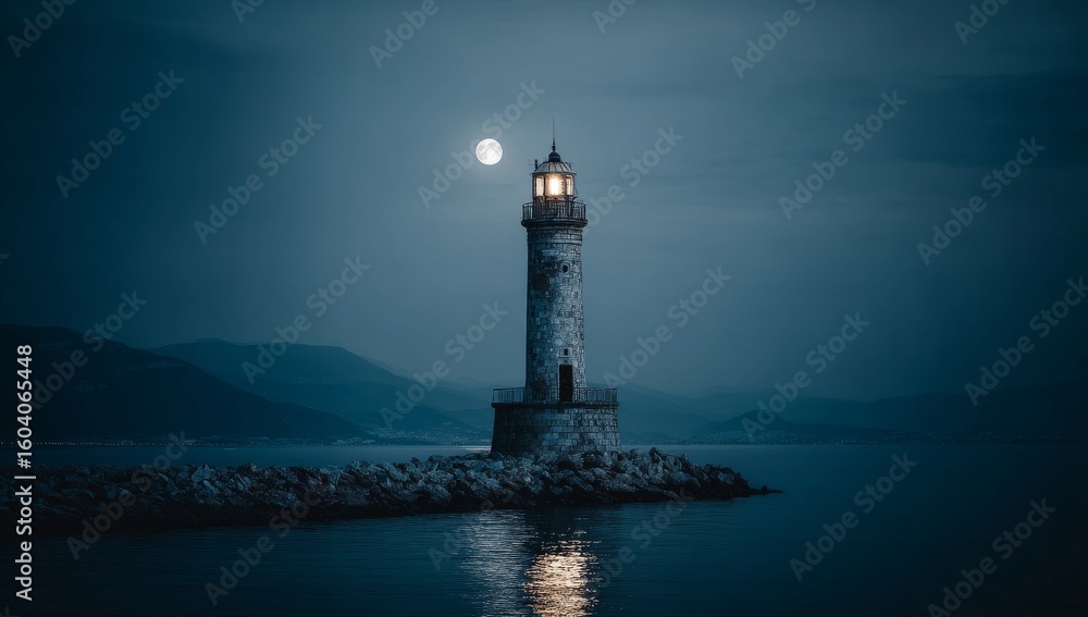 Fototapeta premium A mysterious lighthouse stands tall against stormy skies near the shoreline at twilight
