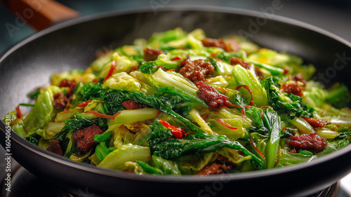 Stir fried Chinese cabbage with pork is delicious dish that brings vibrant flavors to table