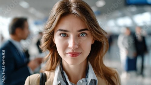 Wallpaper Mural Confident Traveler's Gaze: A poised female executive, her bright eyes meet the viewer in a powerful gaze, exudes confidence amidst the travel hub. Torontodigital.ca