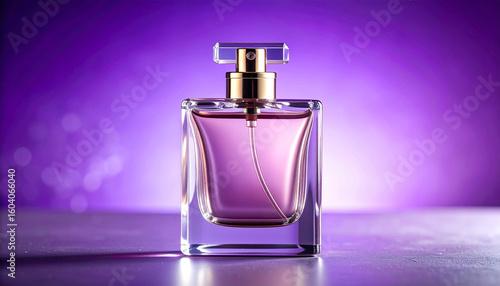 Elegance in a Bottle: Capturing the Essence of Sophistication and Fragrance in a Luxurious Perfume Bottle Against a Vibrant Purple Backdrop.