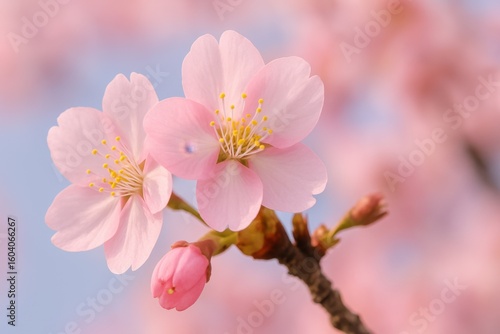 Delicate Cherry Blossom Flowers in Full Bloom Against a Soft Pink Background, Radiating Spring Vibes and Natural Beauty